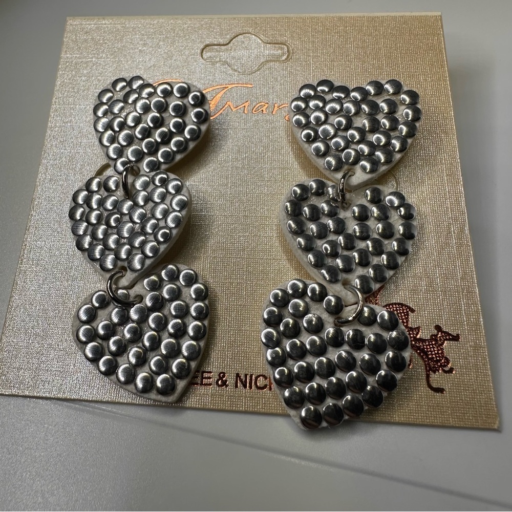 White Leatherette Triple Heart Drop Earrings Silver Studs Lightweight